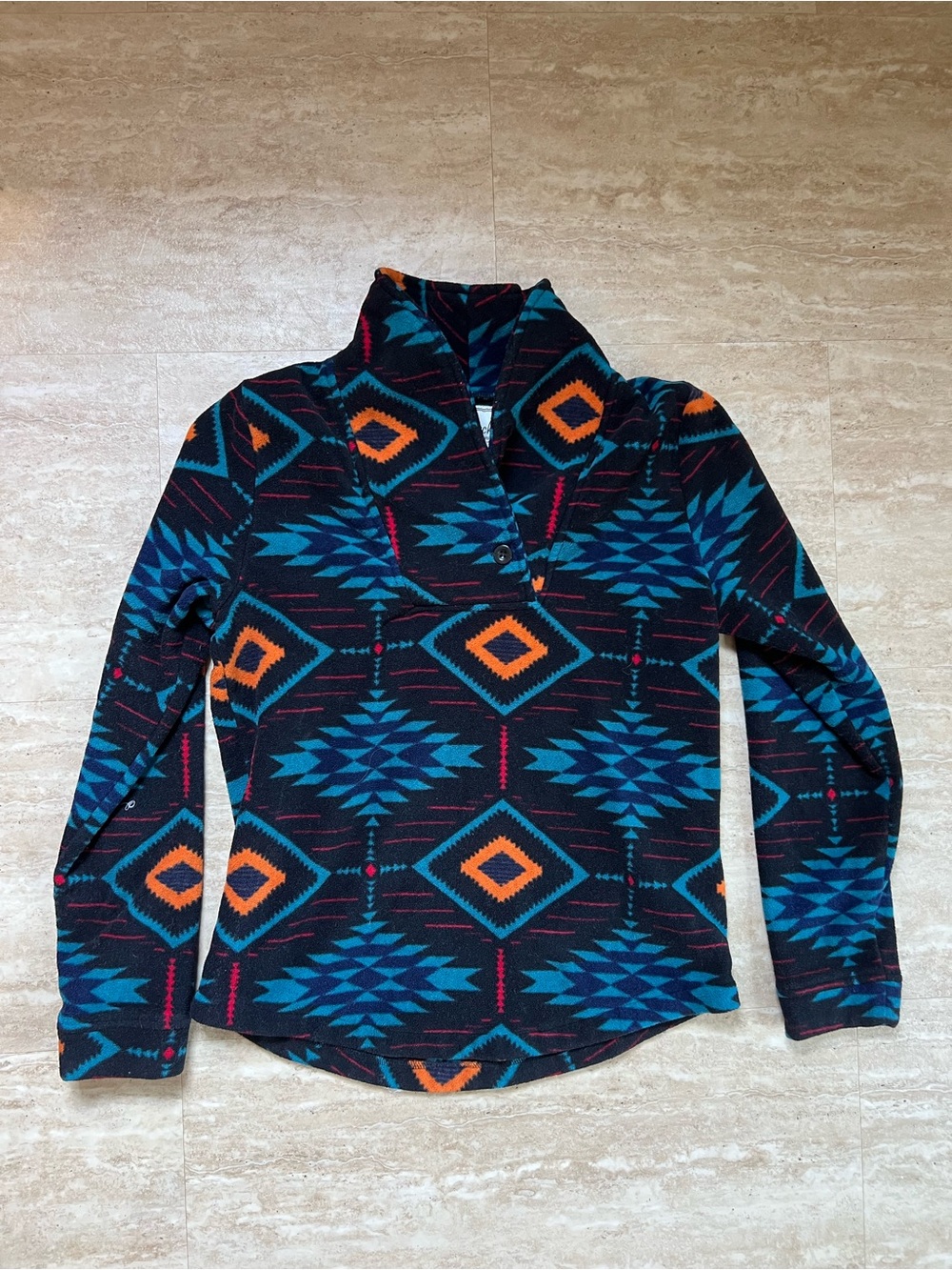 Outback Trading Co Janet Pullover Tribal Aztec Print Shawl Navy Teal & Orange SM